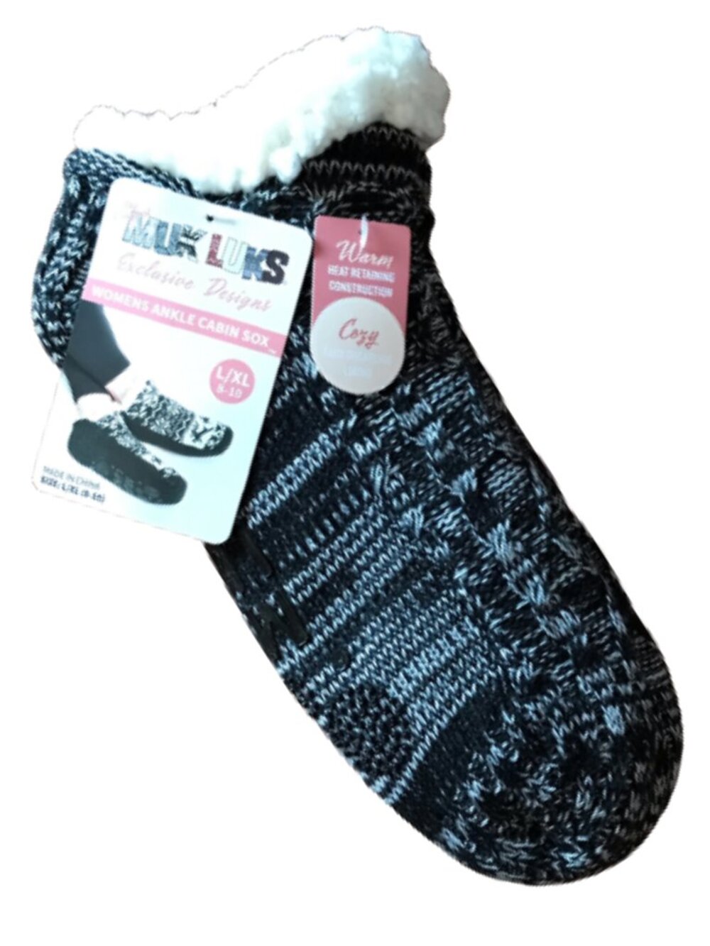 Muk Luks Ankle Cabin Sox Slipper Socks, Faux Sherpa Fur Lining Size L/XL (8-10)